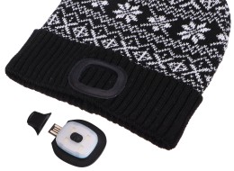 Mütze mit Stirnlampe 180 lm, wiederaufladbar, USB, Einheitsgröße, Baumwolle/PE, Winter-Schwarz