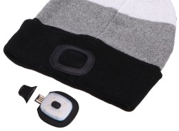 Mütze mit Stirnlampe 180 lm, wiederaufladbar, USB, Einheitsgröße, Baumwolle/PE, schwarz/grau/weiß