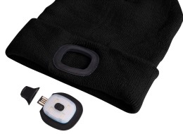 Mütze mit Stirnlampe 180 lm, wiederaufladbar, USB, Einheitsgröße, Baumwolle/PE, schwarz mit Bommel