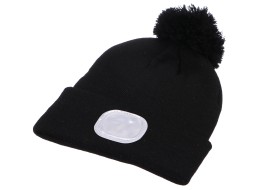 Mütze mit Stirnlampe 180 lm, wiederaufladbar, USB, Einheitsgröße, Baumwolle/PE, schwarz mit Bommel