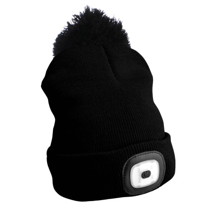 Mütze mit Stirnlampe 180 lm, wiederaufladbar, USB, Einheitsgröße, Baumwolle/PE, schwarz mit Bommel