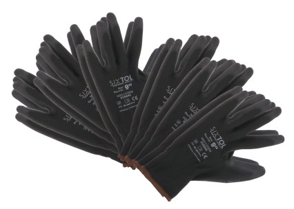 Arbeitshandschuhe aus Polyester, halb in PU getaucht GLOVE PE-PU 9, schwarz, Größe 9, 6 Paar