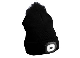 Mütze mit Stirnlampe 180 lm, wiederaufladbar, USB, Einheitsgröße, Baumwolle/PE, schwarz mit Bommel